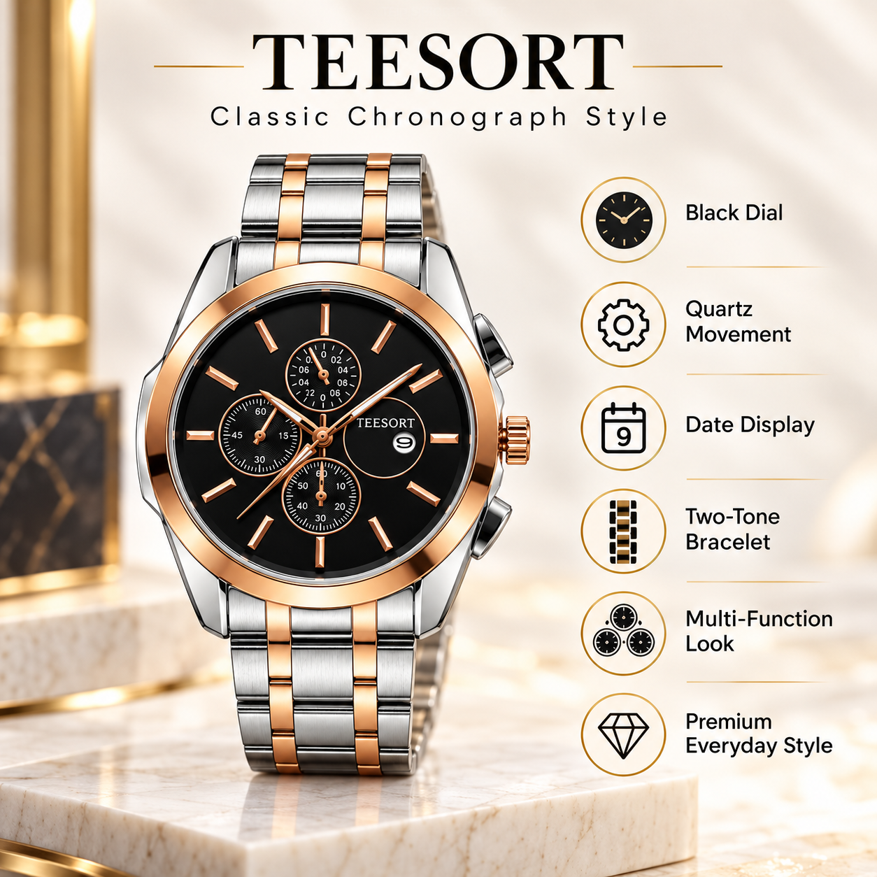 Men’s Two-Tone Analog Quartz Watch | Black Dial | Silver & Rose Gold-Tone Metal Bracelet | Date Display | Chronograph-Style Multi-Dial Wrist Watch