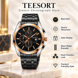 Men’s Black Analog Quartz Watch | Black Metal Bracelet | Black Dial with Rose Gold-Tone Bezel | Date Display & Chronograph-Style Multi-Dial Fashion Wrist Watch