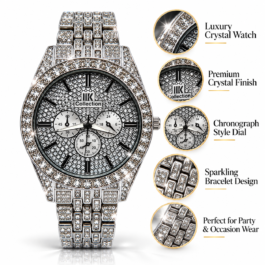 Luxury Silver-Tone Crystal Studded Analog Watch | Sparkling Bracelet & Crystal Bezel | Chronograph-Style Multi-Dial Fashion Wrist Watch for Party & Occasion Wear
