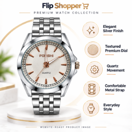 Men’s Analog Quartz Watch | Silver-Tone Metal Strap | White Textured Dial with Rose Gold-Tone Markers | Classic Formal & Everyday Wrist Watch for Men