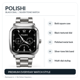 POLISHI Men’s Analog Wrist Watch with Black Textured Square Dial, Silver-Tone Metal Link Strap, Multi-Dial Design & Premium Formal Casual Look