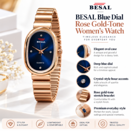 BESAL Women’s Navy Blue Dial Analog Quartz Watch | Elegant Oval Rose Gold-Tone Case | Premium Rose Gold-Tone Metal Stretch Bracelet | Sunburst Dial with Crystal-Style Markers | Stylish Casual, Office & Party Wear Watch for Ladies