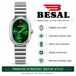 BESAL Women’s Emerald Green Dial Analog Quartz Watch | Elegant Oval Silver-Tone Case | Premium Silver-Tone Metal Stretch Bracelet | Sunburst Dial with Crystal-Style Markers | Stylish Casual, Formal & Everyday Wrist Watch for Ladies
