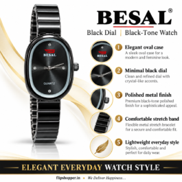 BESAL Women’s Black Dial Analog Quartz Watch | Elegant Oval Case | Premium Black-Tone Metal Stretch Bracelet | Minimalist Dial with Crystal-Style Markers | Stylish Casual, Office & Party Wear Wrist Watch for Ladies