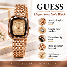 GUESS Women’s Rose Gold-Tone Analog Fashion Watch | Elegant Rectangular Dial with Crystal-Style Hour Markers | Faceted Smoky Bezel | Premium Decorative Metal Link Bracelet | Stylish Casual, Formal & Party Wear Wrist Watch for Ladies