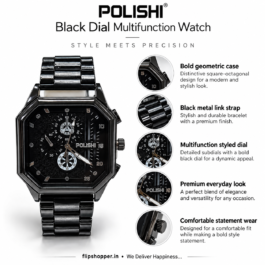 POLISHI Men’s Black Dial Analog Fashion Watch | Premium Black Metal Link Bracelet | Bold Geometric Square-Octagonal Case | Multifunction-Style Multi-Dial Design | Stylish Casual, Formal & Everyday Wrist Watch for Men
