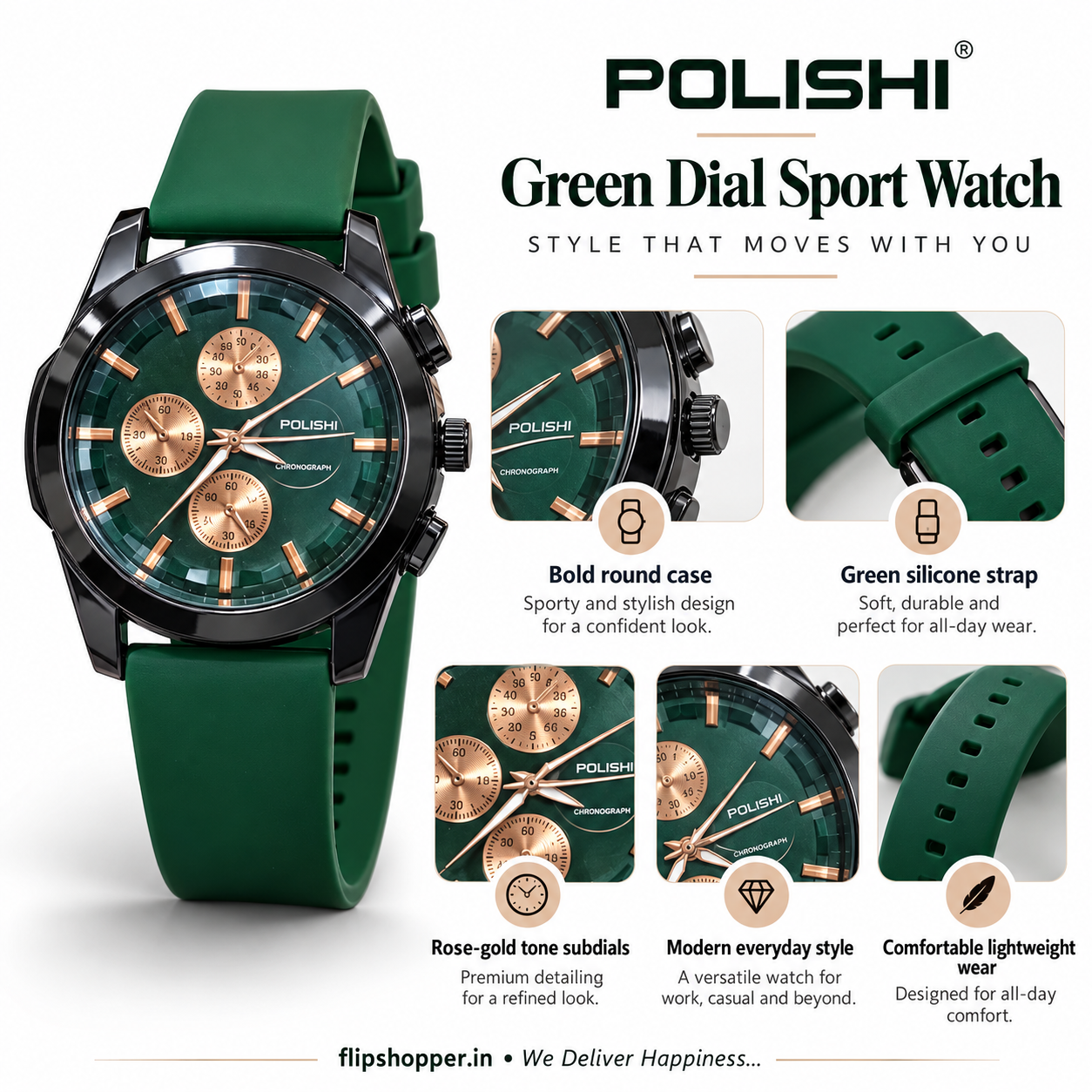 POLISHI Men’s Analog Sports Watch | Premium Green Dial with Rose Gold-Tone Accents | Black Round Case | Green Silicone Strap | Chronograph-Style Multi-Dial Design | Stylish Casual & Everyday Wrist Watch for Men