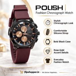 POLISHI Men’s Fashion Analog Watch | Black Round Dial with Rose Gold-Tone Accents | Maroon Silicone Strap | Chronograph-Style Design | Stylish Casual & Formal Wrist Watch
