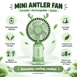 Mini Antler Rechargeable Handheld Fan with USB-C Charging, 2 Wind Modes, Portable Desk Stand, Cute Deer Horn Design, Compact Personal Cooling Fan for Home, Office & Travel (Mint Green)