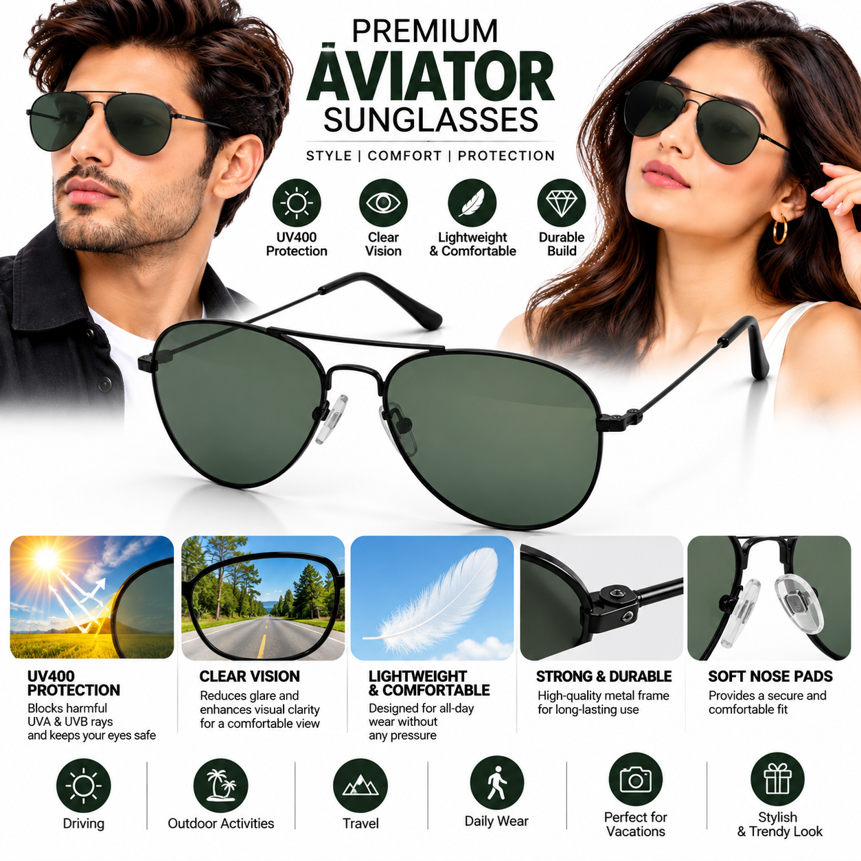Unisex Classic Aviator Sunglasses for Men & Women | Black Metal Frame with Green Grey Lenses | Double Bridge Retro Fashion Eyewear for Travel & Outdoor Wear - Image 6