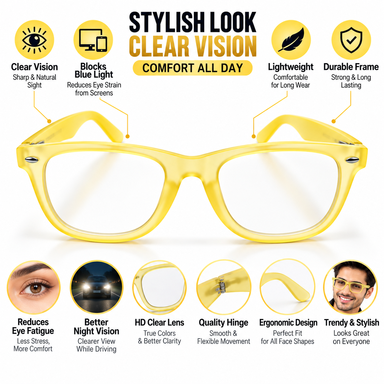Unisex Transparent Yellow Rectangle Eyeglasses | Stylish Clear Lens Full-Rim Frame for Men & Women | Modern Casual Fashion Eyewear - Image 6