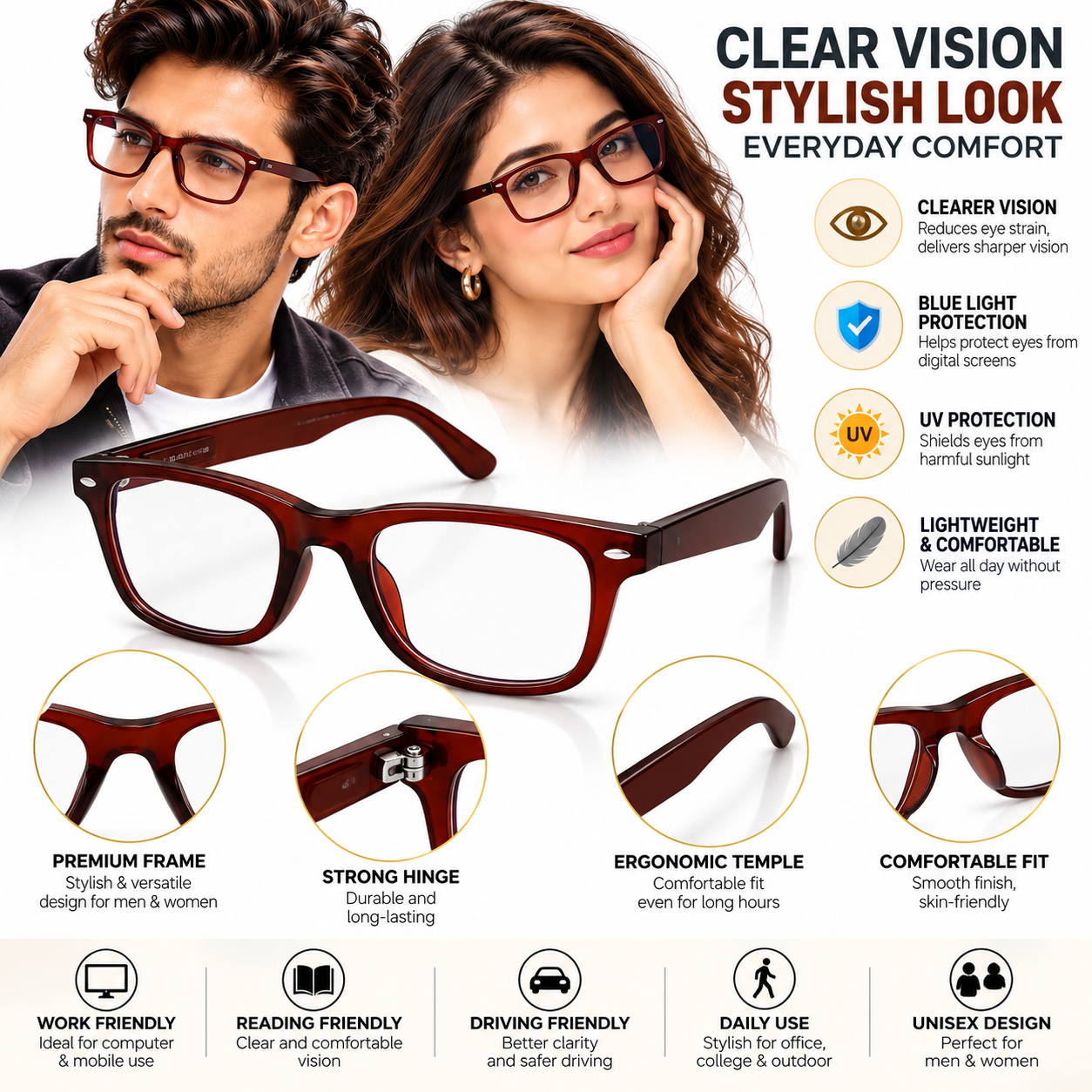 Unisex Transparent Brown Rectangle Eyeglasses for Men & Women | Clear Lens Full-Rim Stylish Spectacle Frame | Classic Casual Fashion Eyewear - Image 6