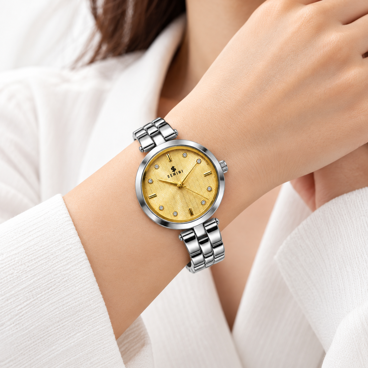 Women’s Analog Quartz Watch | Elegant Gold Textured Dial | Sparkling Stone Markers | Silver-Tone Metal Bracelet | Stylish Ladies Wrist Watch for Daily, Office & Party Wear - Image 2