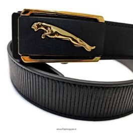 Premium Men’s Black Automatic Ratchet Belt with Gold-Tone Leaping Cat Buckle | Textured Leather-Look Strap | Micro-Adjustable Waist Belt for Formal, Office & Casual Wear