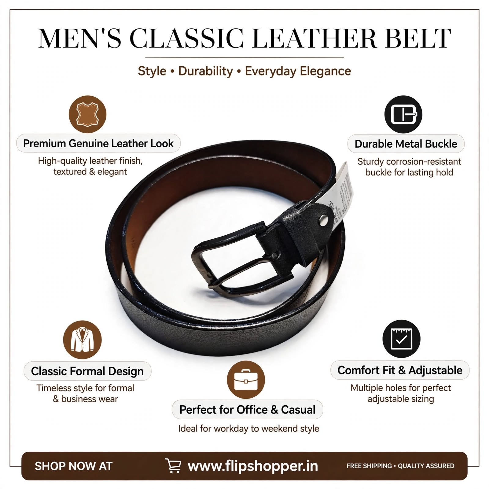 Classic Black Textured Men's Belt with Metal Pin Buckle | Brown Inner Finish | Stylish Formal & Casual Waist Belt for Men - Image 4