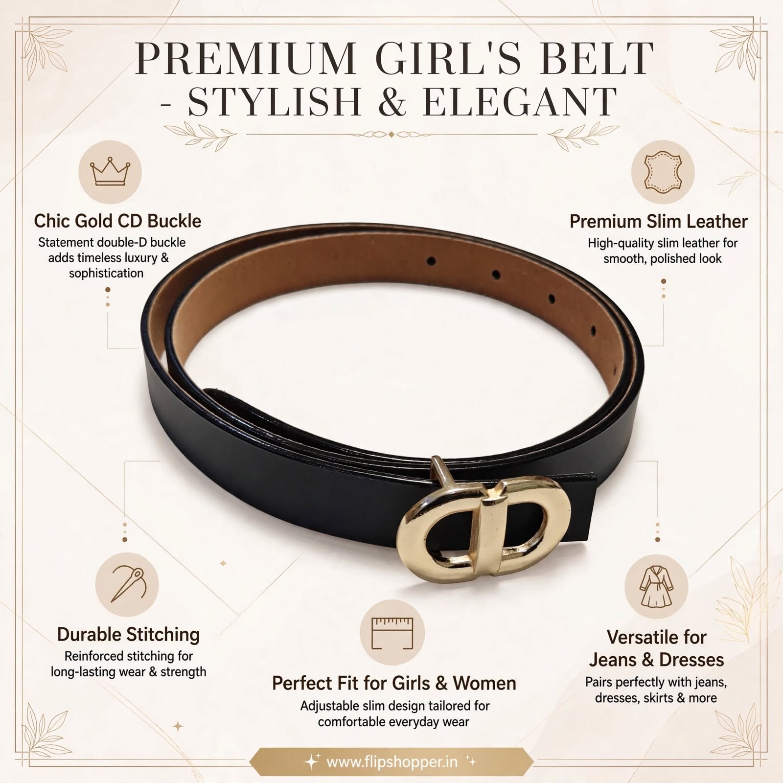 Premium Women's Black Fashion Belt with Gold-Tone Double-Loop Buckle | Elegant Textured Leather-Look Waist Belt for Jeans, Dresses, Trousers, Office & Casual Wear - Image 8