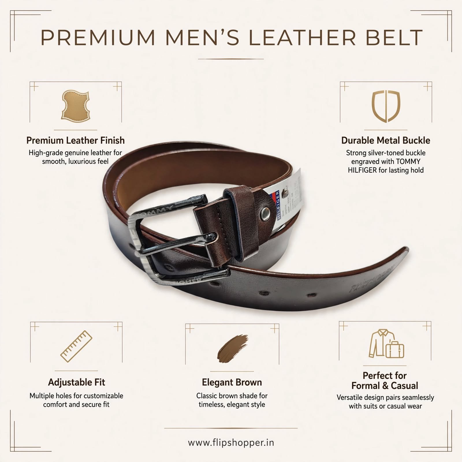 Classic Brown Leather-Look Men's Belt with Silver-Tone Metal Pin Buckle | Stylish Formal & Casual Waist Belt for Men | Premium Textured Finish - Image 2