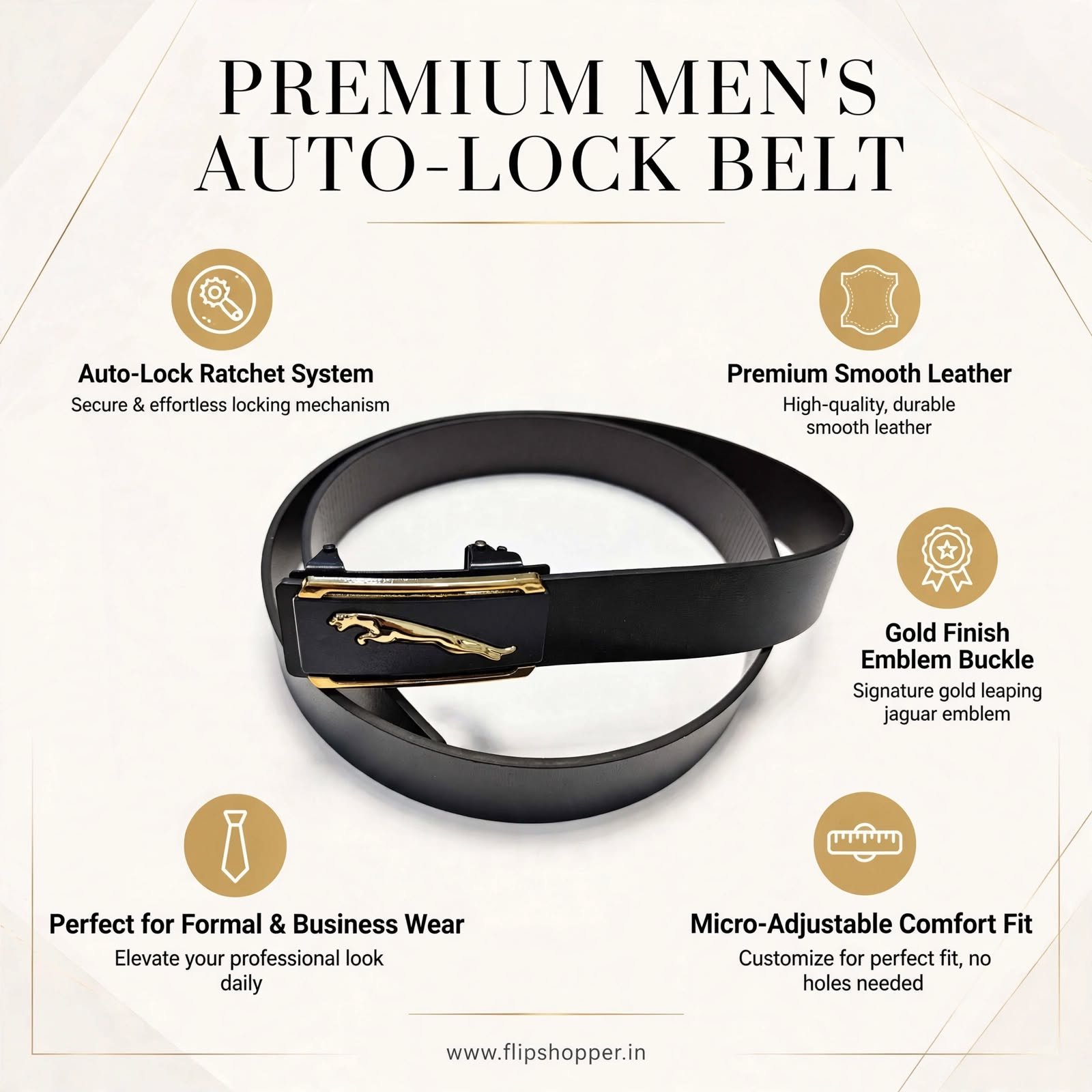Premium Men's Black Automatic Ratchet Belt with Gold-Tone Leaping Cat Buckle | Textured Leather-Look Strap | Micro-Adjustable Waist Belt for Formal, Office & Casual Wear - Image 3