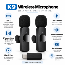 K9 Dual Wireless Lavalier Microphone with USB-C Receiver | 2-in-1 Clip-On Mic Set, Plug & Play, Up to 20m Range, Noise Reduction for Vlogging, Interviews, Live Streaming & Video Recording – Black