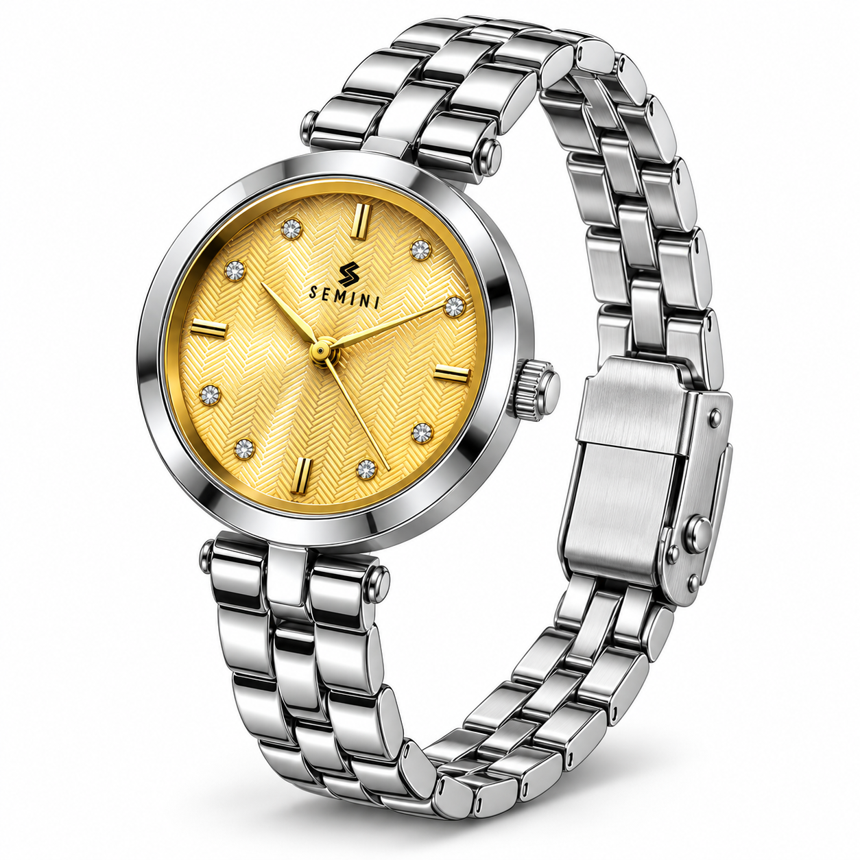 Women’s Analog Quartz Watch | Elegant Gold Textured Dial | Sparkling Stone Markers | Silver-Tone Metal Bracelet | Stylish Ladies Wrist Watch for Daily, Office & Party Wear - Image 3