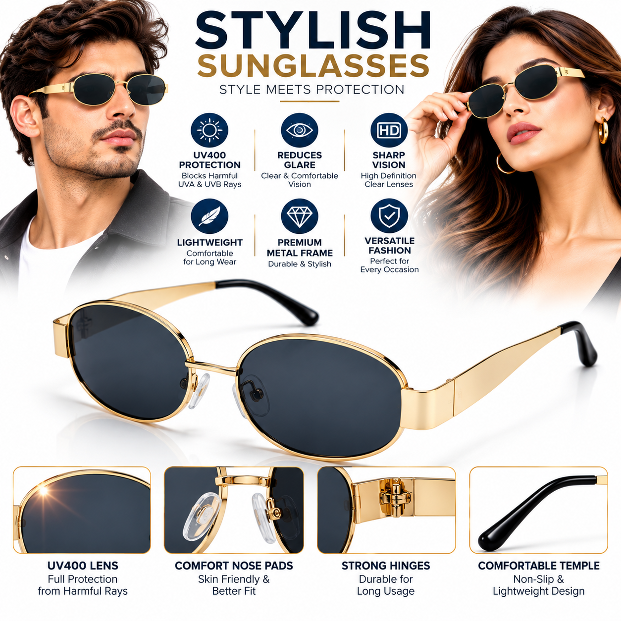 Unisex Retro Oval Sunglasses for Men & Women | Gold-Tone Metal Frame with Dark Smoke Lenses | Vintage Style Fashion Eyewear - Image 6