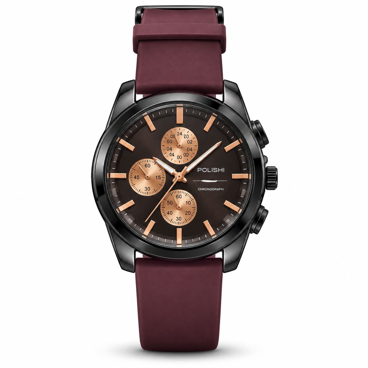 POLISHI Men's Fashion Analog Watch | Black Round Dial with Rose Gold-Tone Accents | Maroon Silicone Strap | Chronograph-Style Design | Stylish Casual & Formal Wrist Watch - Image 3