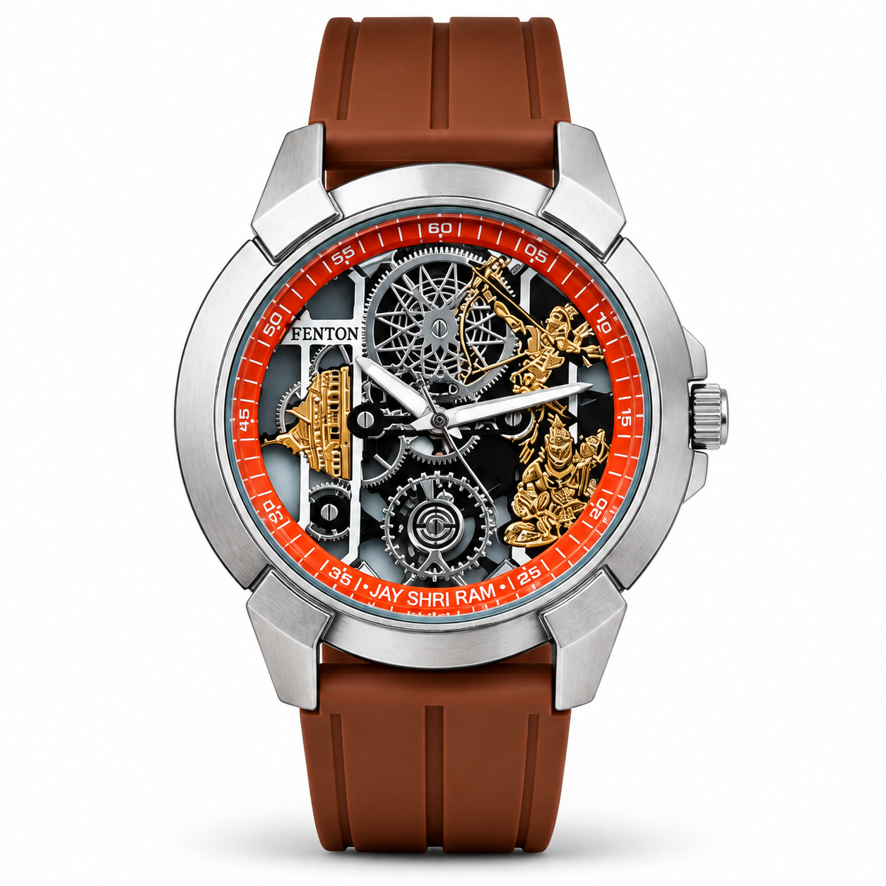 Men’s Devotional Analog Statement Watch | Skeleton-Style Hindu Artwork Dial | Silver-Tone Case | Brown Strap | Bold Fashion Wrist Watch for Daily & Festive Wear - Image 6