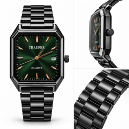 Men’s Rectangular Analog Quartz Watch | Gradient Green Sunburst Dial | Black Metal Bracelet | Date Display | Modern Geometric Wrist Watch for Office, Party & Everyday Wear