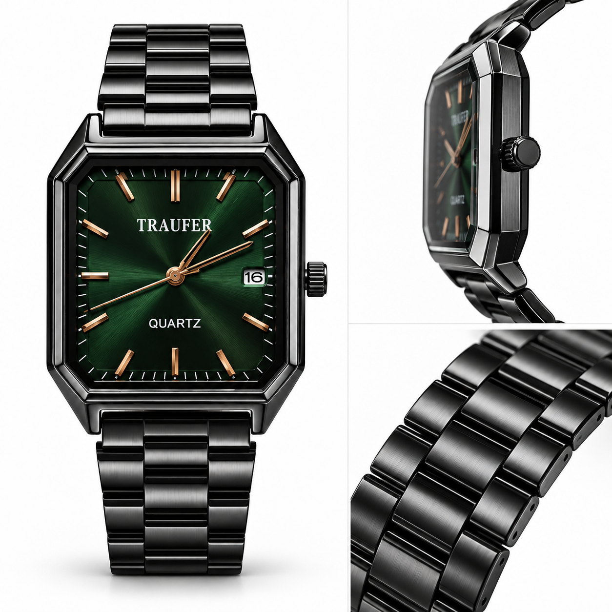Men’s Rectangular Analog Quartz Watch | Gradient Green Sunburst Dial | Black Metal Bracelet | Date Display | Modern Geometric Wrist Watch for Office, Party & Everyday Wear - Image 2