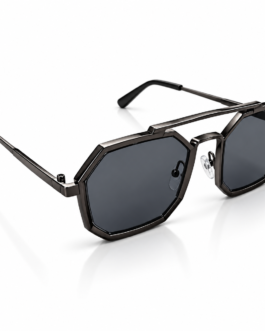 Unisex Black Geometric Octagon Sunglasses for Men & Women | Dark Smoke Lenses | Bold Double-Bar Frame | Retro Streetwear Fashion Eyewear