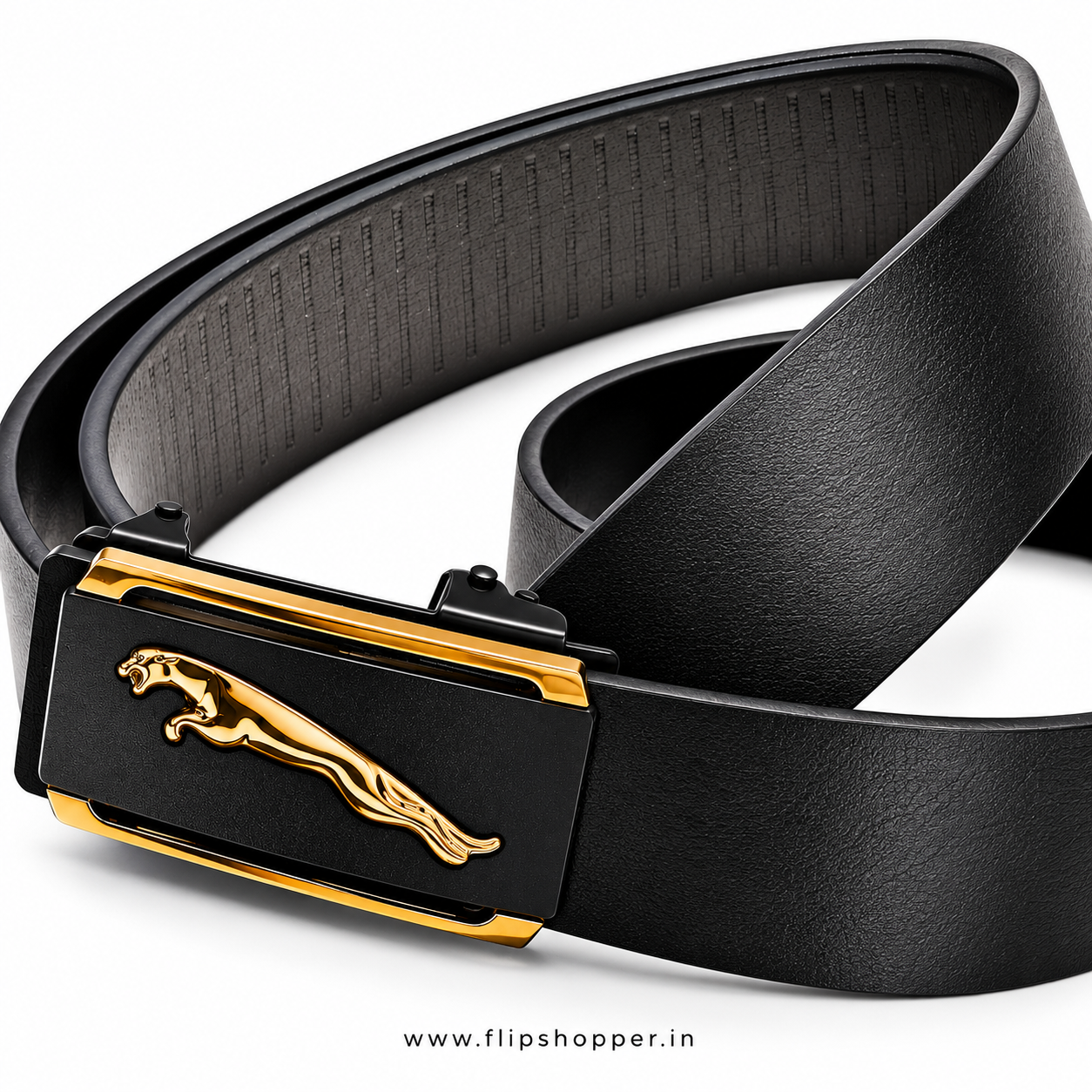 Premium Men's Black Automatic Ratchet Belt with Gold-Tone Leaping Cat Buckle | Textured Leather-Look Strap | Micro-Adjustable Waist Belt for Formal, Office & Casual Wear - Image 5