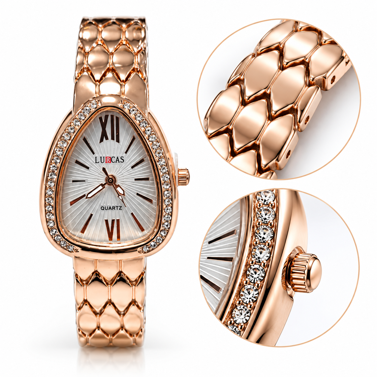 Women’s Rose Gold Teardrop Analog Quartz Watch | Crystal-Studded Bezel | Silver Sunburst Dial | Elegant Metal Bracelet | Fashion Wrist Watch for Daily Wear, Party & Gifting - Image 5