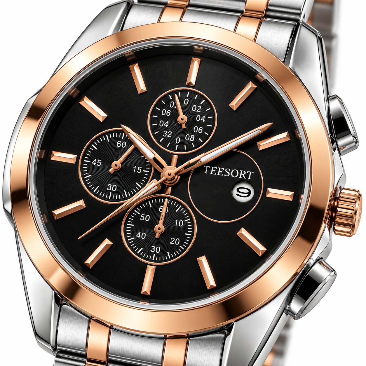 Men’s Two-Tone Analog Quartz Watch | Black Dial | Silver & Rose Gold-Tone Metal Bracelet | Date Display | Chronograph-Style Multi-Dial Wrist Watch - Image 3
