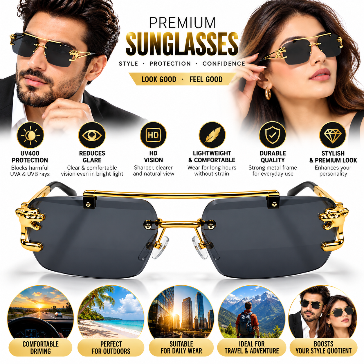 Unisex Luxury Rimless Sunglasses for Men & Women | Gold-Tone Metal Frame with Dark Smoke Lenses | Decorative Side Design | Premium Fashion Eyewear - Image 6