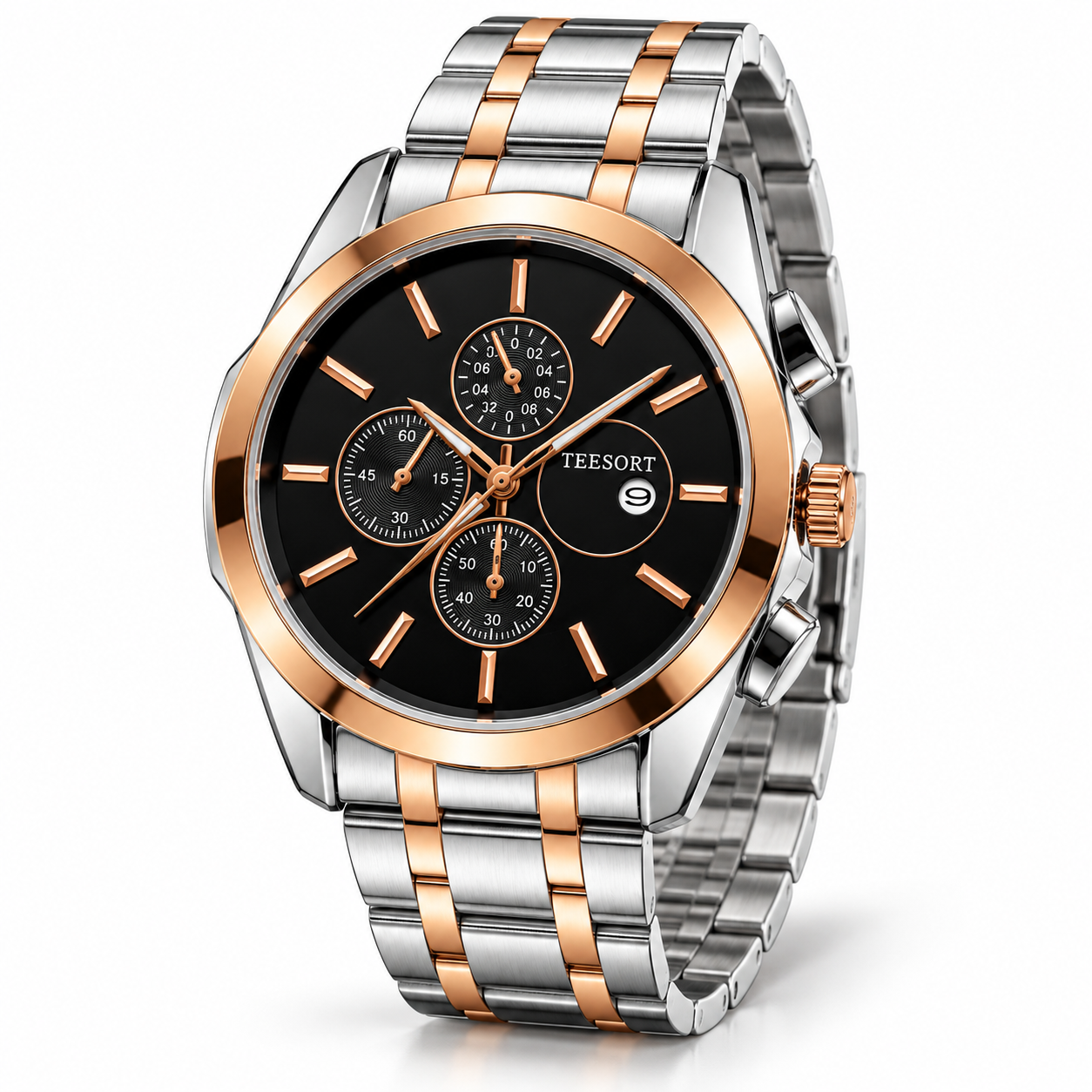 Men’s Two-Tone Analog Quartz Watch | Black Dial | Silver & Rose Gold-Tone Metal Bracelet | Date Display | Chronograph-Style Multi-Dial Wrist Watch - Image 4