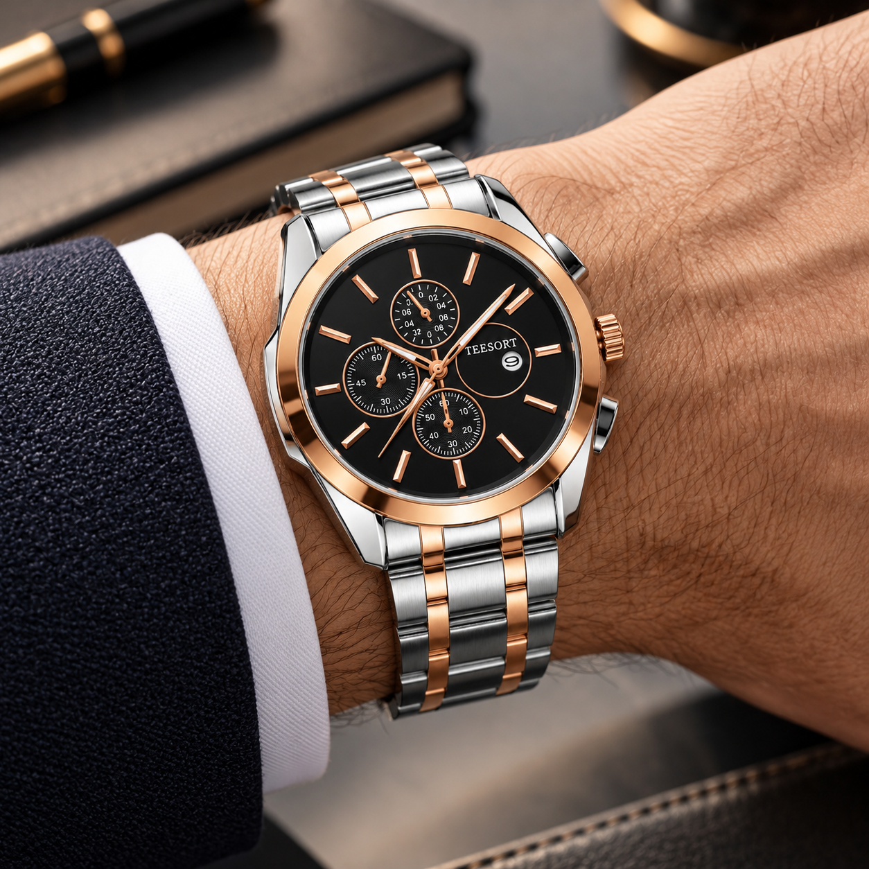 Men’s Two-Tone Analog Quartz Watch | Black Dial | Silver & Rose Gold-Tone Metal Bracelet | Date Display | Chronograph-Style Multi-Dial Wrist Watch - Image 5