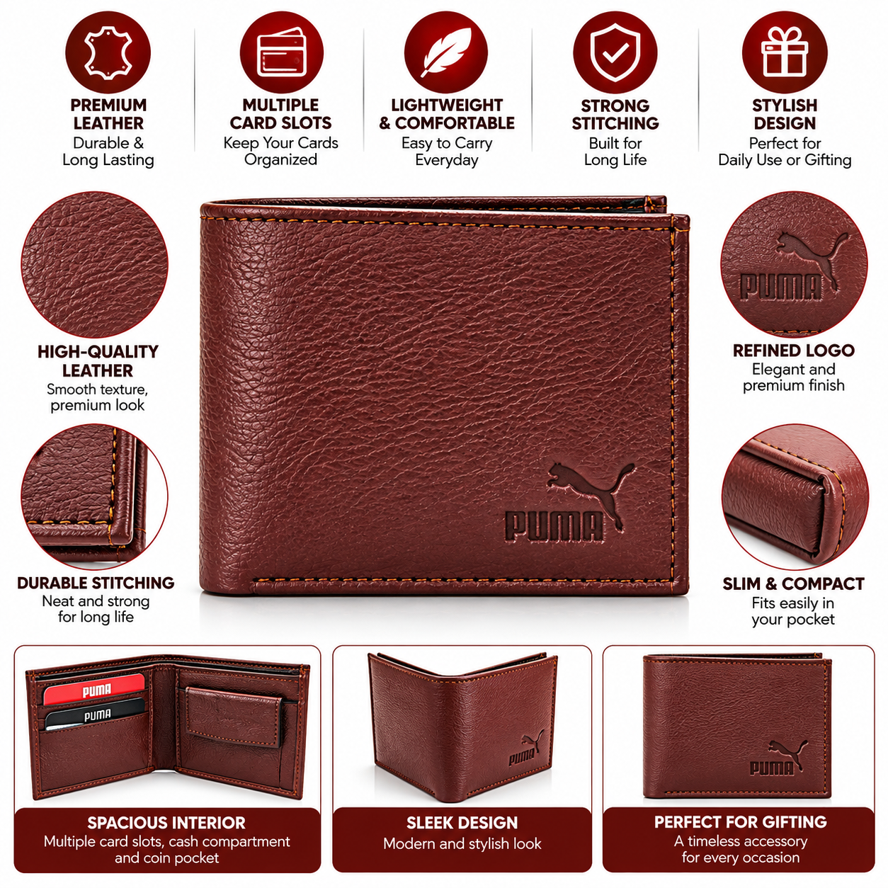 Men’s Premium Burgundy Bifold Wallet | Textured Finish | Multiple Card Slots & Cash Compartment | Slim Compact Wallet for Daily Use, Office, Travel & Gifting - Image 5