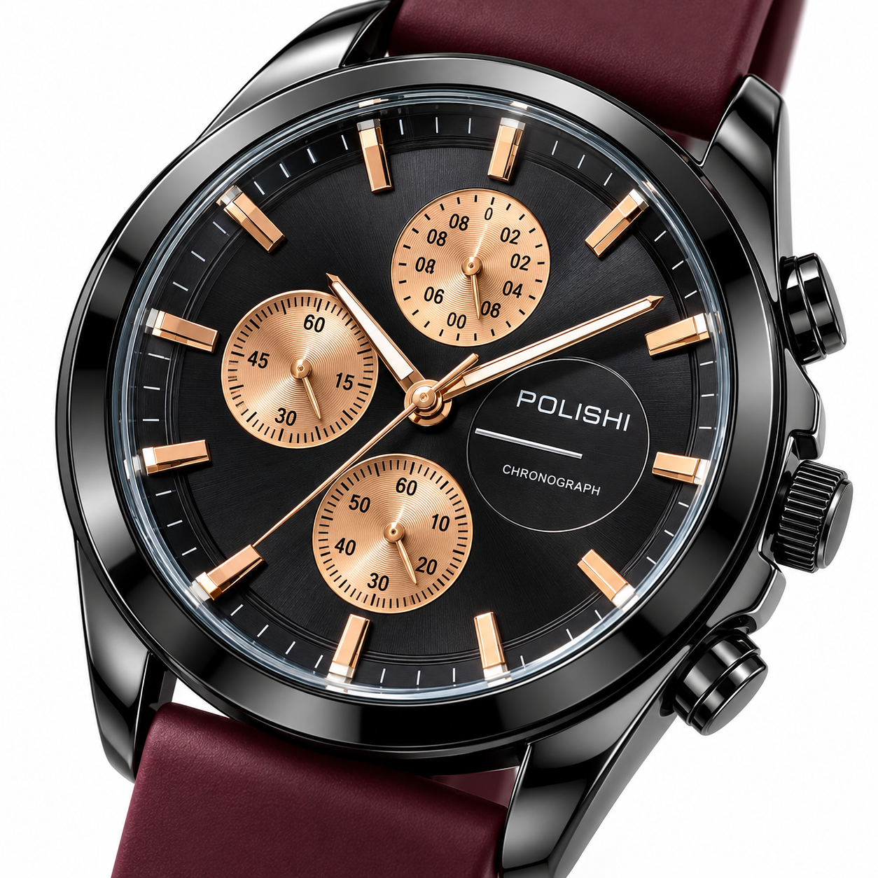 POLISHI Men's Fashion Analog Watch | Black Round Dial with Rose Gold-Tone Accents | Maroon Silicone Strap | Chronograph-Style Design | Stylish Casual & Formal Wrist Watch - Image 5