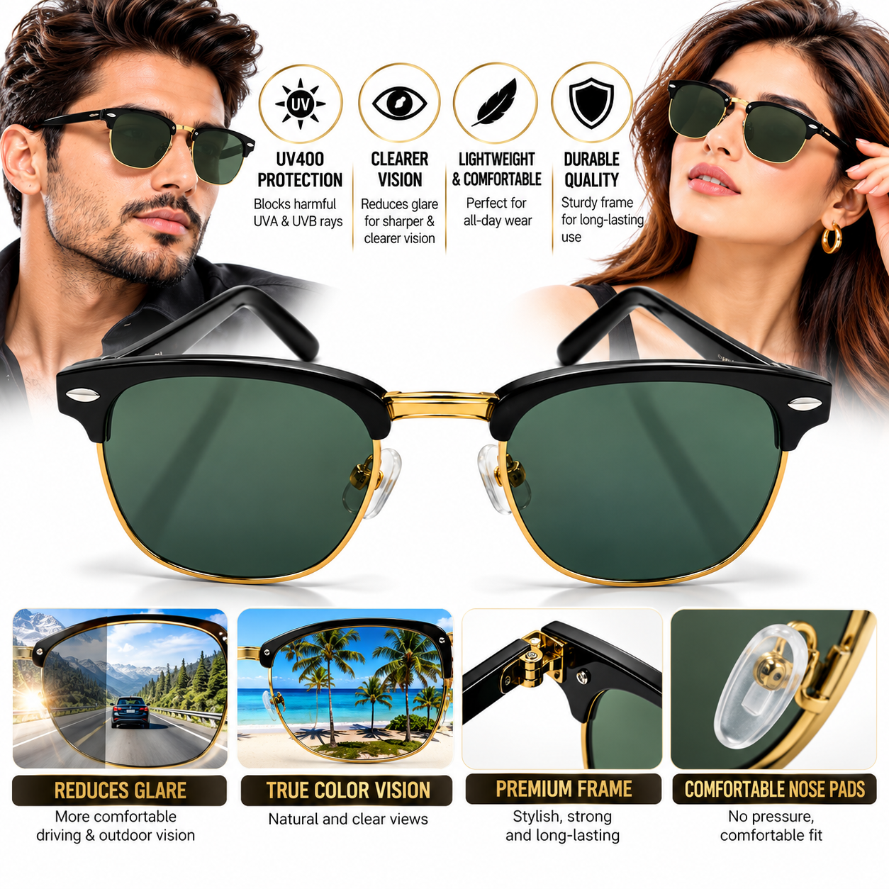 Unisex Clubmaster Browline Sunglasses for Men & Women | Black & Gold-Tone Frame with Dark Green Lenses | Retro Vintage Fashion Eyewear - Image 6