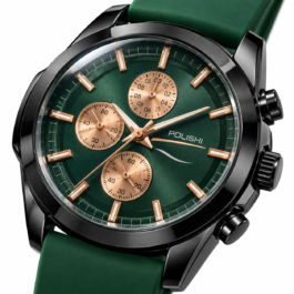 POLISHI Men’s Analog Sports Watch | Premium Green Dial with Rose Gold-Tone Accents | Black Round Case | Green Silicone Strap | Chronograph-Style Multi-Dial Design | Stylish Casual & Everyday Wrist Watch for Men