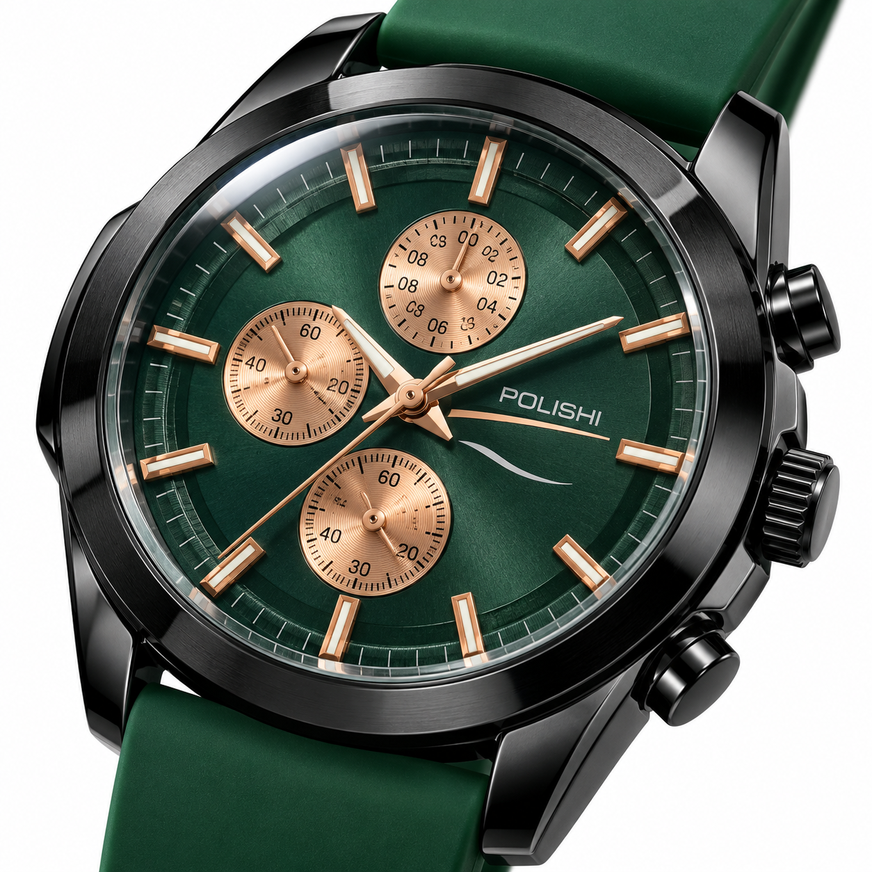 POLISHI Men's Analog Sports Watch | Premium Green Dial with Rose Gold-Tone Accents | Black Round Case | Green Silicone Strap | Chronograph-Style Multi-Dial Design | Stylish Casual & Everyday Wrist Watch for Men - Image 2