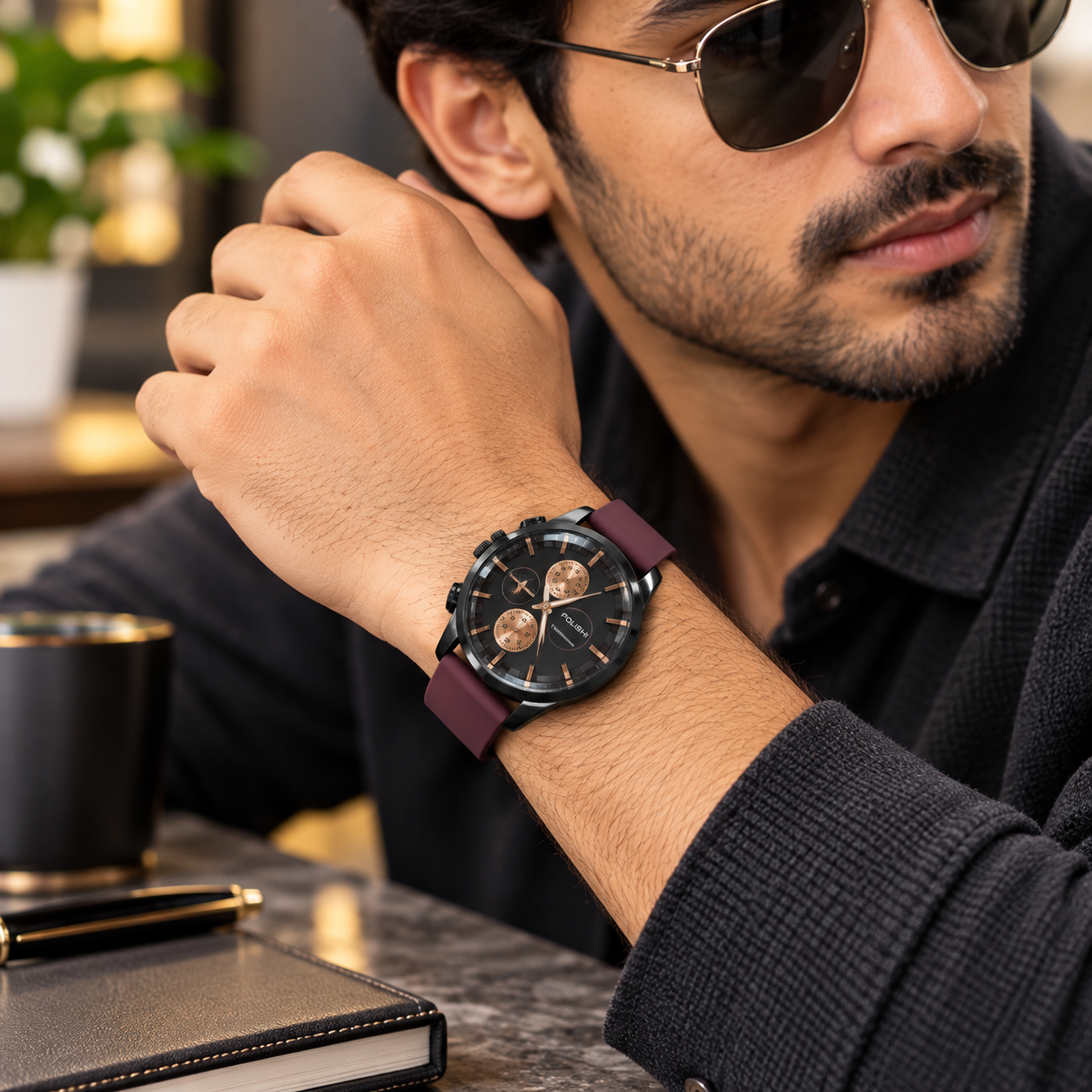 POLISHI Men's Fashion Analog Watch | Black Round Dial with Rose Gold-Tone Accents | Maroon Silicone Strap | Chronograph-Style Design | Stylish Casual & Formal Wrist Watch - Image 6