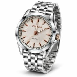 Men’s Analog Quartz Watch | Silver-Tone Metal Strap | White Textured Dial with Rose Gold-Tone Markers | Classic Formal & Everyday Wrist Watch for Men