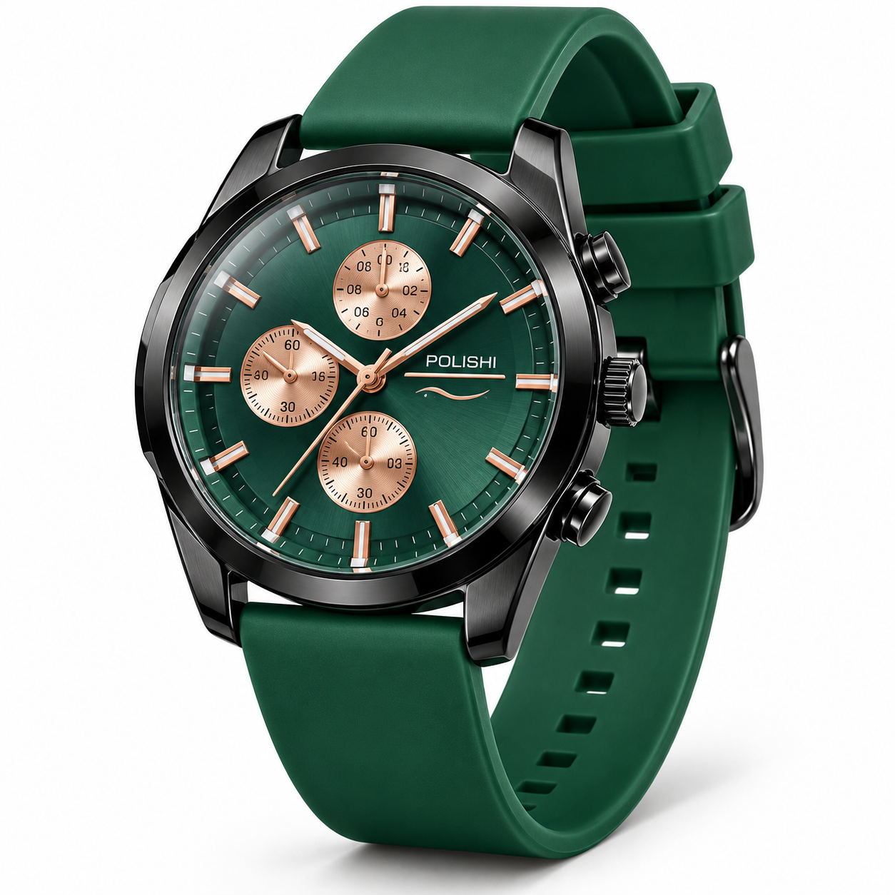 POLISHI Men's Analog Sports Watch | Premium Green Dial with Rose Gold-Tone Accents | Black Round Case | Green Silicone Strap | Chronograph-Style Multi-Dial Design | Stylish Casual & Everyday Wrist Watch for Men - Image 5
