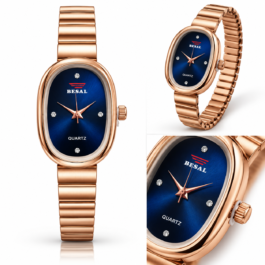 BESAL Women’s Navy Blue Dial Analog Quartz Watch | Elegant Oval Rose Gold-Tone Case | Premium Rose Gold-Tone Metal Stretch Bracelet | Sunburst Dial with Crystal-Style Markers | Stylish Casual, Office & Party Wear Watch for Ladies