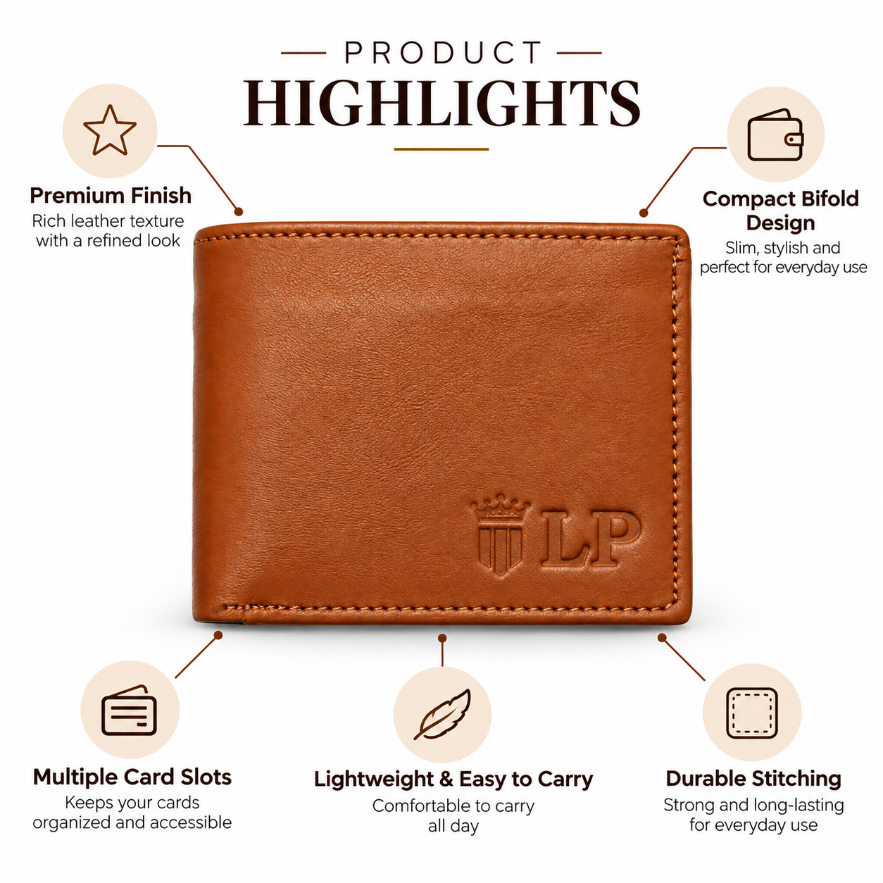 Men’s Premium Tan Brown Bifold Wallet | Smooth Textured Finish | Multiple Card Slots & Cash Compartment | Slim Compact Wallet for Daily Use, Office, Travel & Gifting - Image 5
