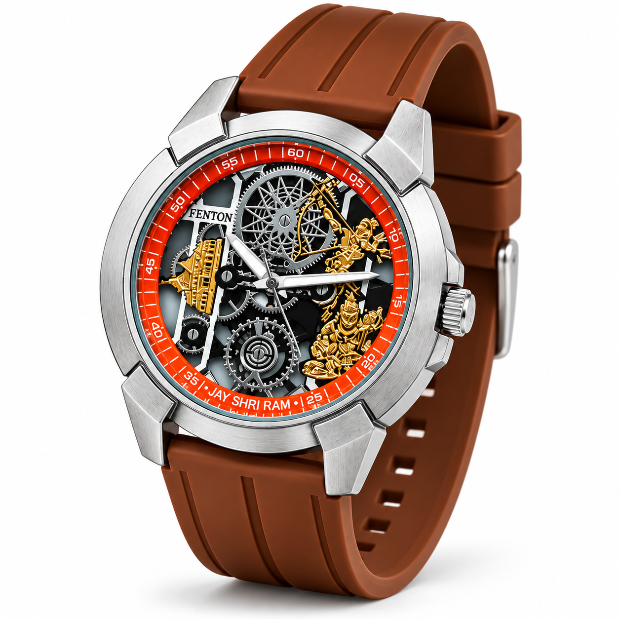 Men’s Devotional Analog Statement Watch | Skeleton-Style Hindu Artwork Dial | Silver-Tone Case | Brown Strap | Bold Fashion Wrist Watch for Daily & Festive Wear - Image 5