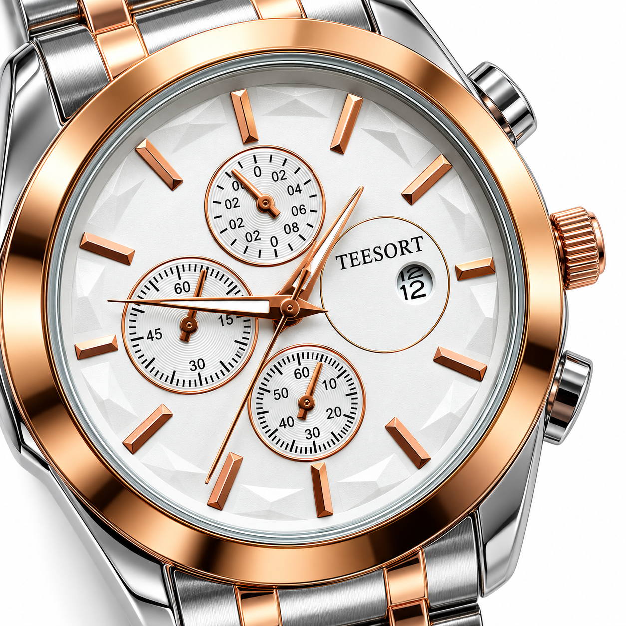 Men’s Two-Tone Analog Quartz Watch | White Dial | Silver & Rose Gold-Tone Metal Bracelet | Date Display | Chronograph-Style Multi-Dial Wrist Watch - Image 4