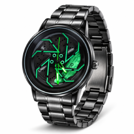 Men’s Black Analog Fashion Watch | Neon Green Geometric Dial | Black Metal Bracelet | Date Display | Bold Statement Wrist Watch for Casual, Party & Everyday Wear