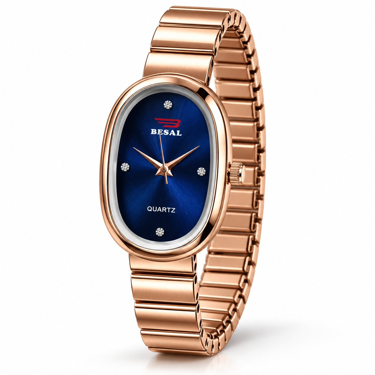 BESAL Women's Navy Blue Dial Analog Quartz Watch | Elegant Oval Rose Gold-Tone Case | Premium Rose Gold-Tone Metal Stretch Bracelet | Sunburst Dial with Crystal-Style Markers | Stylish Casual, Office & Party Wear Watch for Ladies - Image 4